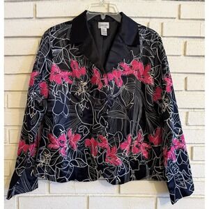 Chico's Silk Blend Black Fuchsia Floral‎ Embroidered Lined Jacket Sz 2- L/12